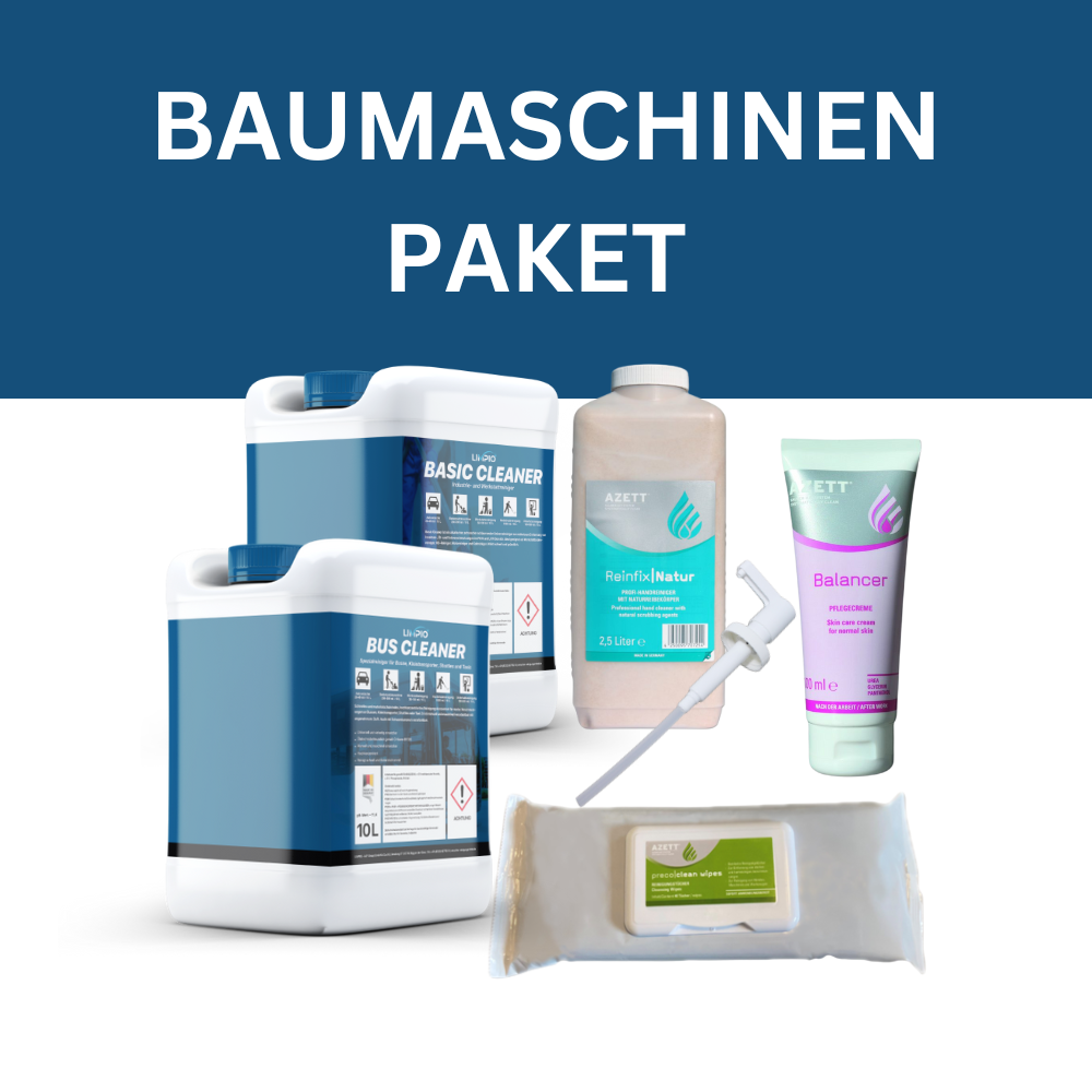 Baumaschinen Cleaner Paket kaufen | Starter Pakete | Reinigungs-Hochkonzentrat | Inkl. Basic Cleaner 10L, Baumaschinen Cleaner 10L, Balancer Basis Pflegecreme 100ml Tube, Preco Reinigungstücher, Handreiniger 2,5L, Kunststoffpumpe für 2,5 L Flasche | Versand in DE, AT | Limpio Reinigungsmittel