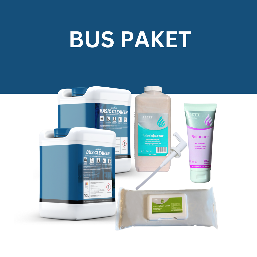 Bus Paket kaufen | Starter Pakete | Reinigungs-Hochkonzentrat | Inkl. Basic Cleaner 10L, Baumaschinen Cleaner 10L, Balancer Basis Pflegecreme 100ml Tube, Preco Reinigungstücher, Handreiniger 2,5L, Kunststoffpumpe für 2,5L Flasche | Versand in DE, AT | Limpio Reinigungsmittel