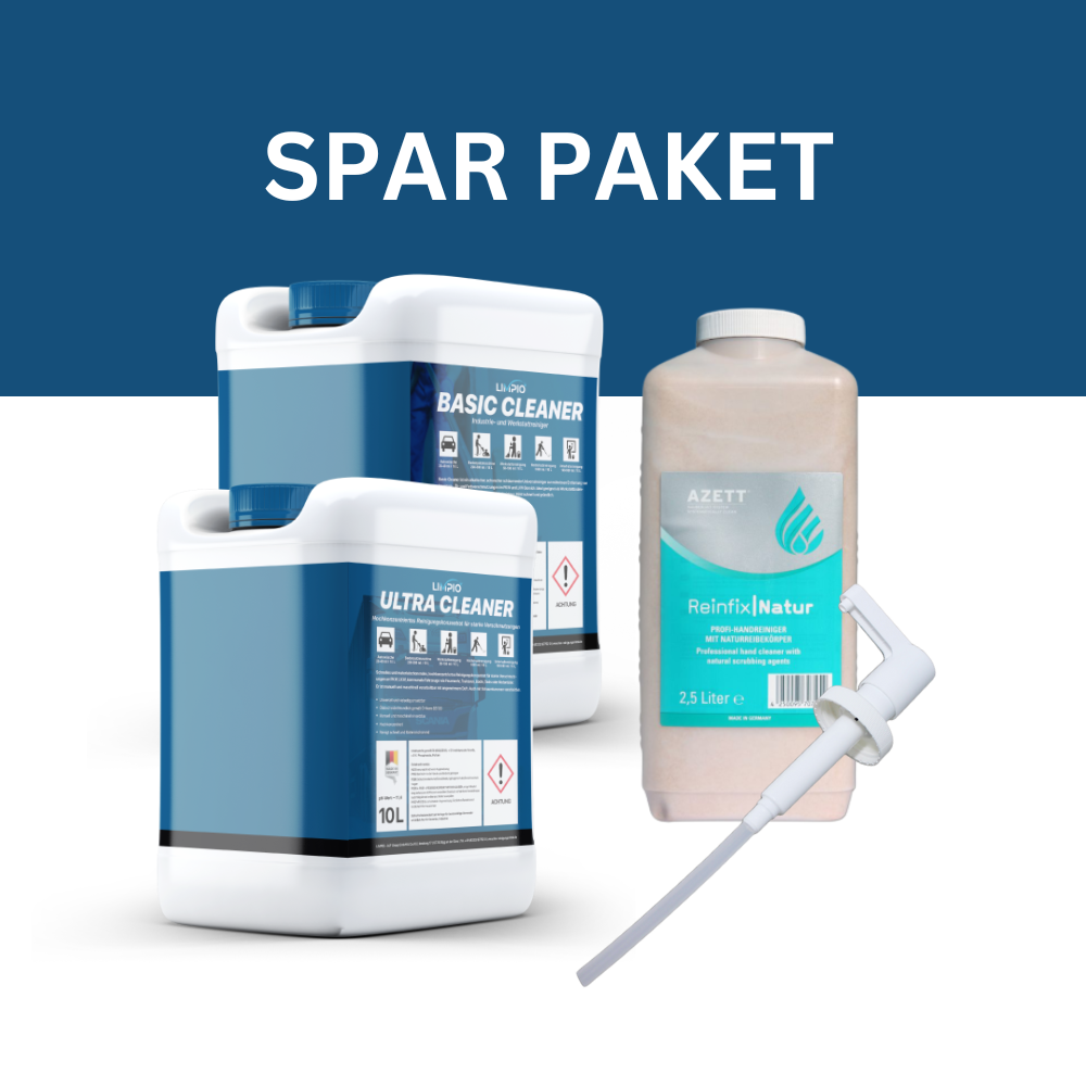 Spar Paket kaufen | Starter Pakete | Reinigungs-Hochkonzentrat | Inkl. Basic Cleaner 10L, Ultra Cleaner 10L ProfiClean Handreiniger 2,5L, Kunststoffpumpe für 2,5 L Flasche | Versand in DE, AT | Limpio Reinigungsmittel