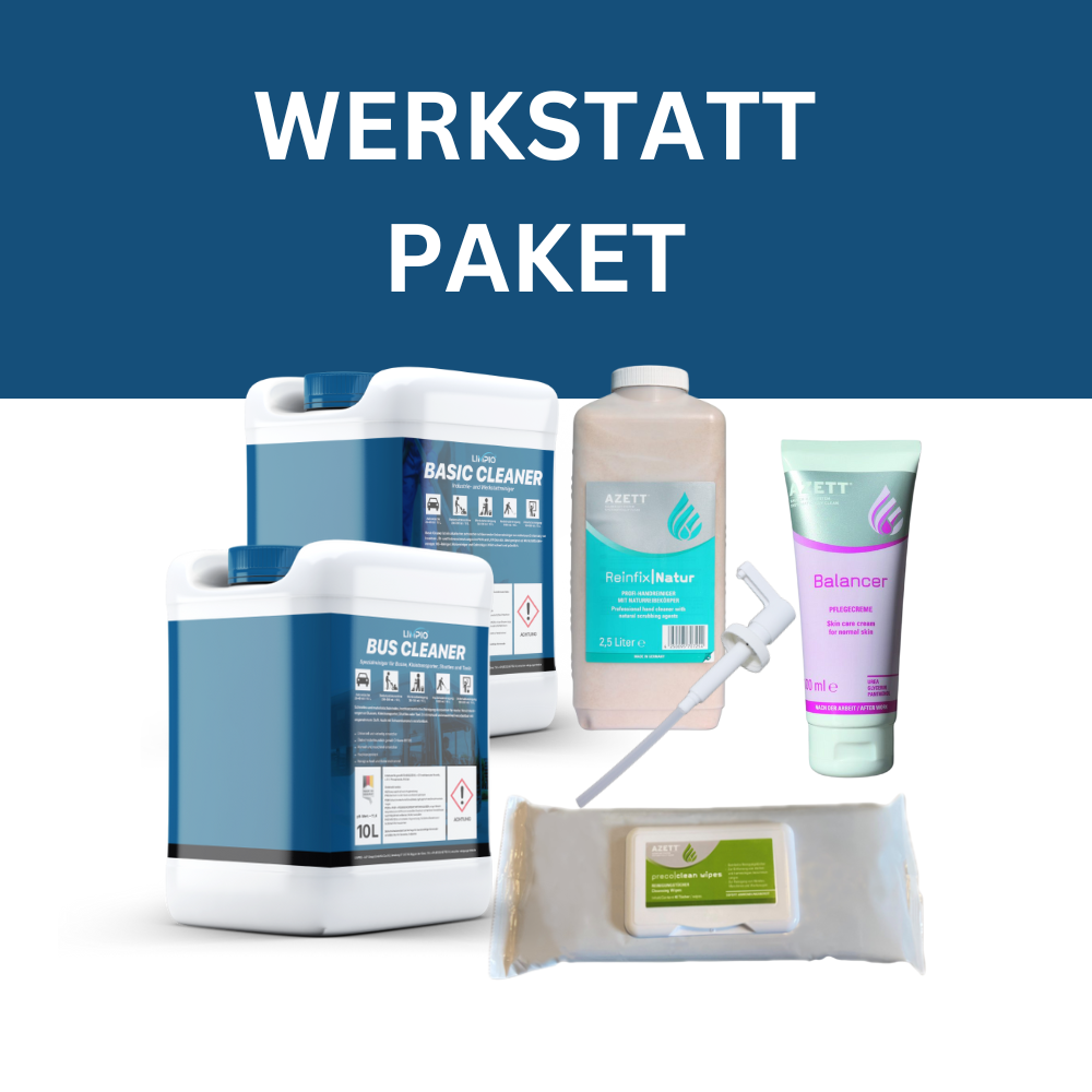 Werkstatt Paket kaufen | Starter Pakete | Reinigungs-Hochkonzentrat | Inkl. Basic Cleaner 10L, Baumaschinen Cleaner 10L, Balancer Basis Pflegecreme 100ml Tube, Preco Reinigungstücher, Handreiniger 2,5L, Kunststoffpumpe für 2,5 L Flasche | Versand in DE, AT | Limpio Reinigungsmittel